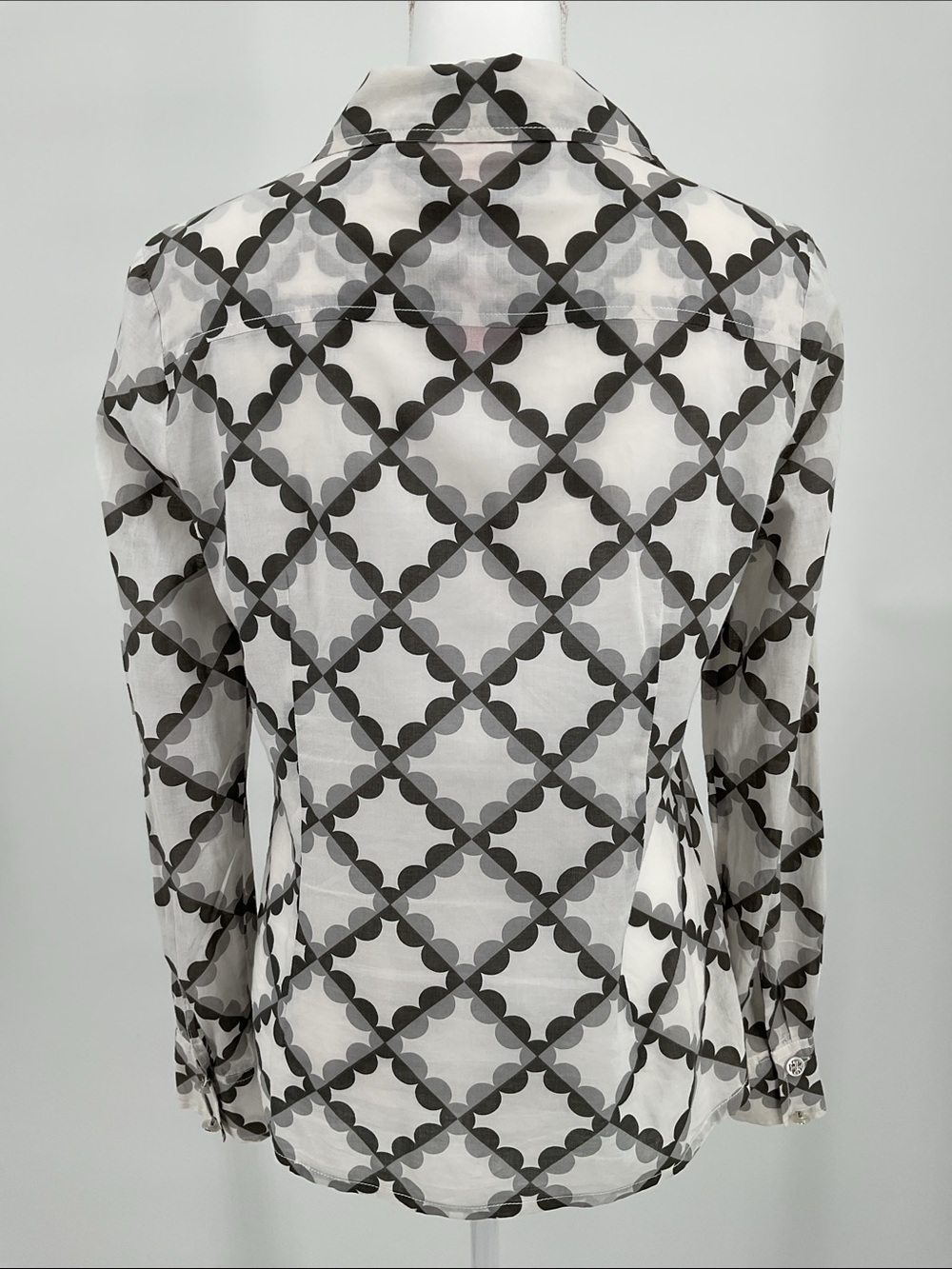 Tory Burch Logo Print Cotton Popover Utility Blouse Women’s 8 Gray White - Picture 5 of 14